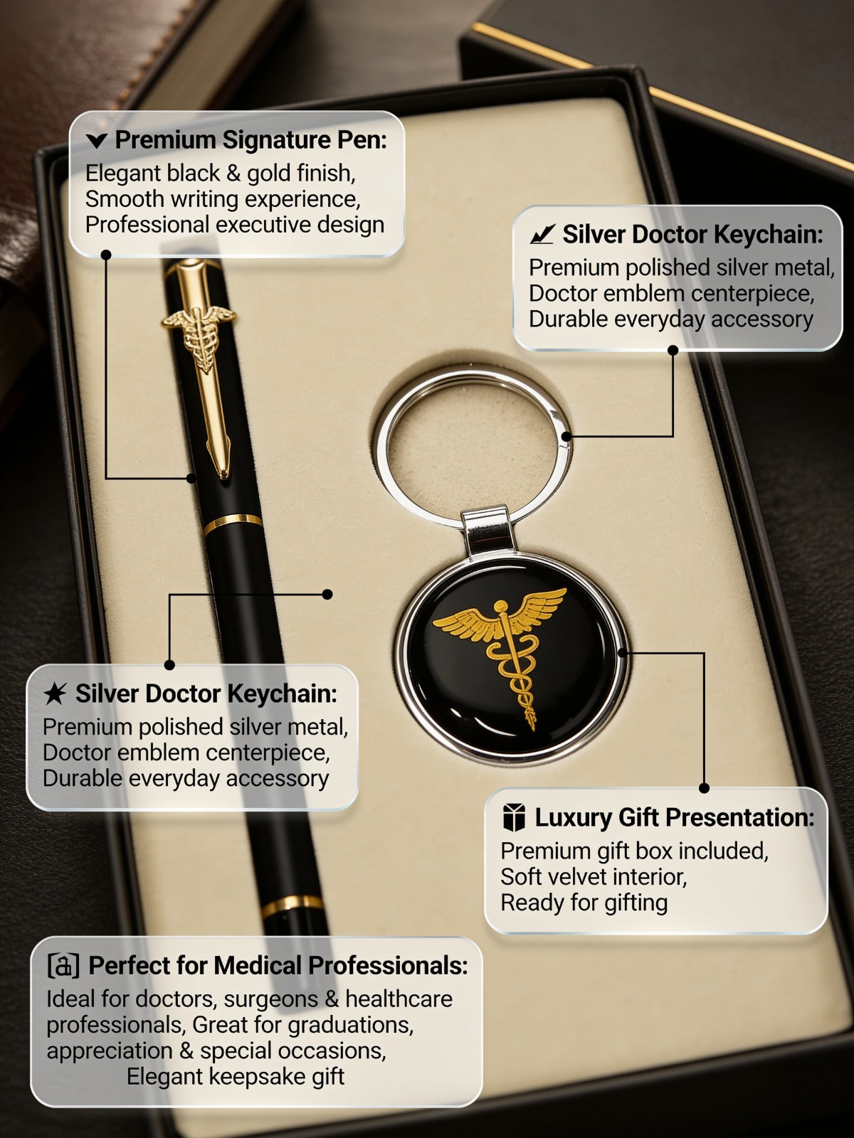 Premium Doctor Signature Pen Silver & Keychain