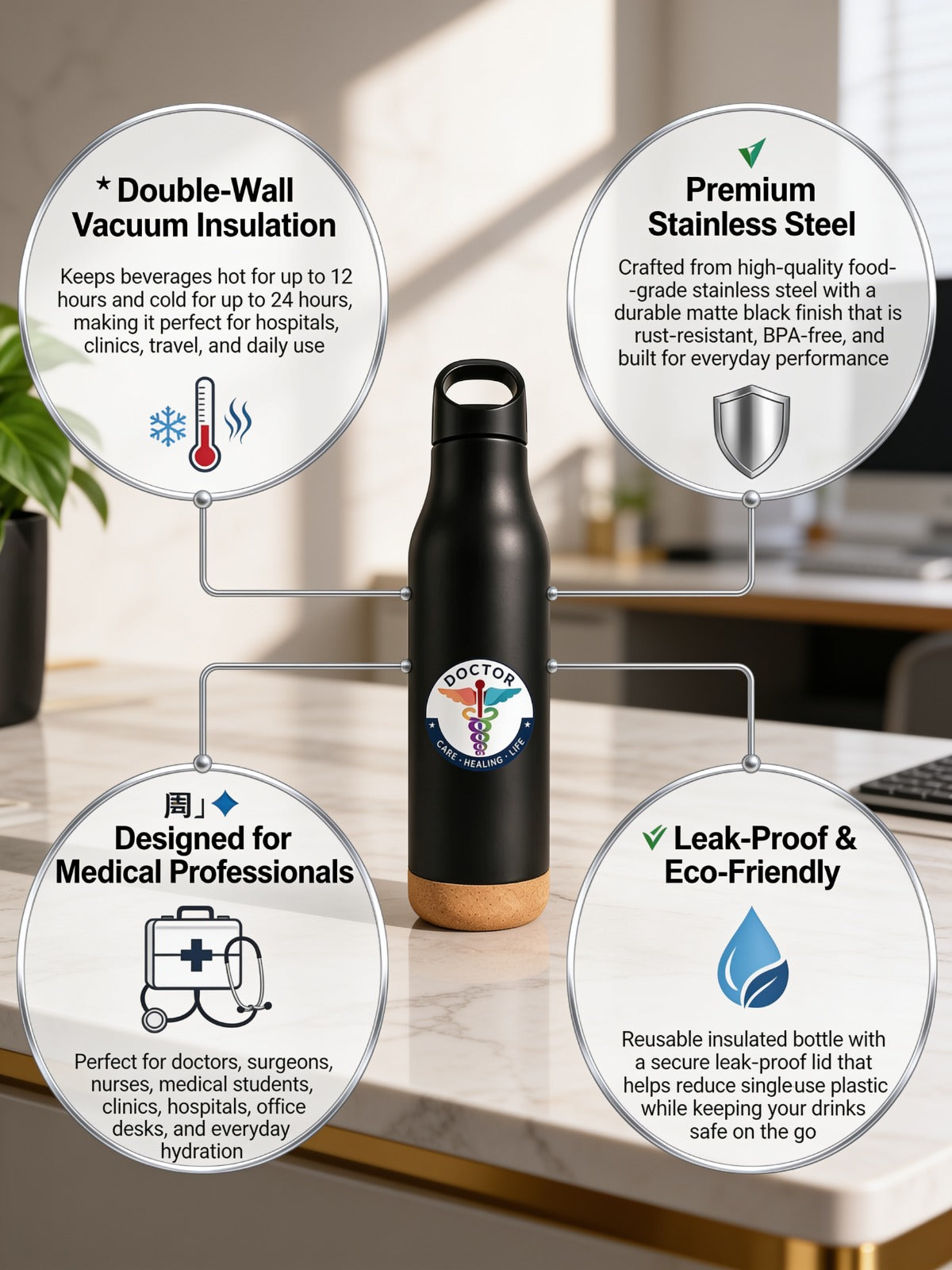 Premium  Doctor Matt Black Stainless Steel Bottle